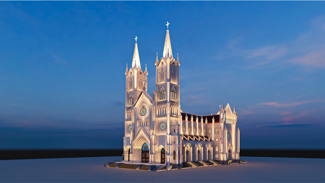 Tập trung làm nổi bật kiến trúc tháp chuông, họa tiết Gothic và cửa chính bằng các điểm nhấn ánh sáng hẹp với góc chiếu nhỏ, tăng chiều sâu và sự uy nghi.