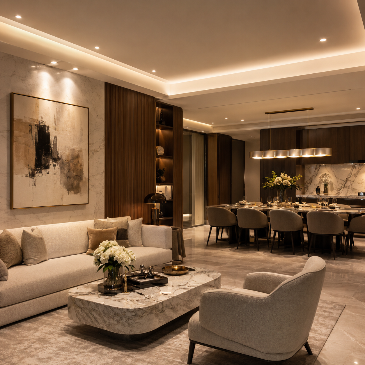Phòng khách liên thông bàn ăn trong biệt thự hoặc penthouse hiện đại