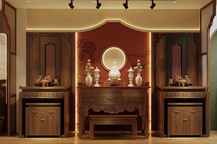 Không gian phòng thờ biệt thự được chiếu sáng bằng kỹ thuật giấu nguồn sáng