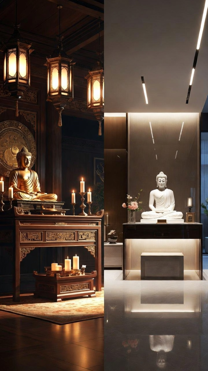 So sánh phòng thờ sử dụng đèn gắn nổi truyền thống và giải pháp phân tầng ánh sáng hiện đại