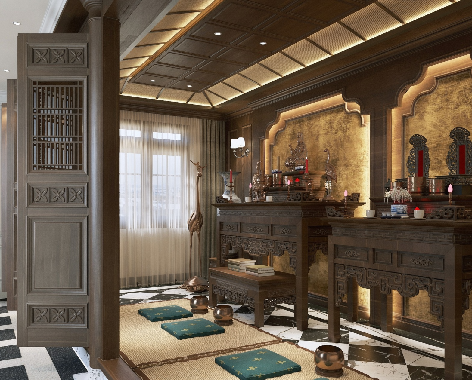 Ánh sáng phòng thờ hiện đại sử dụng đèn ray từ siêu mỏng kết hợp chiếu sáng giấu dòng