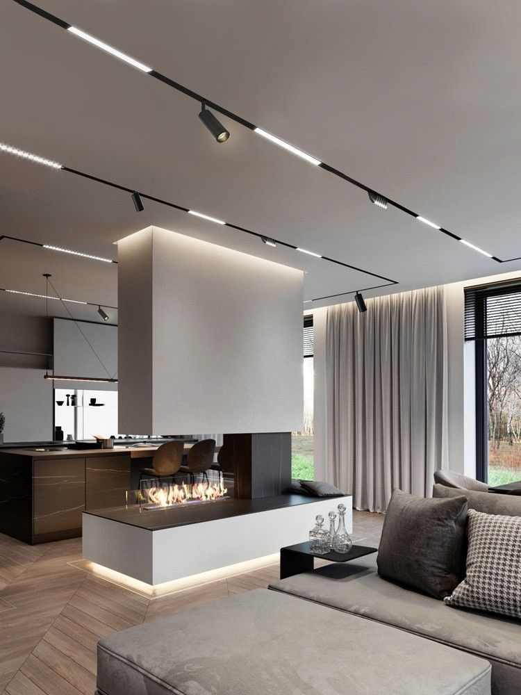 Penthouse tối giản sở hữu hệ trần thấp, được tích hợp đường ray nam châm bản Slim