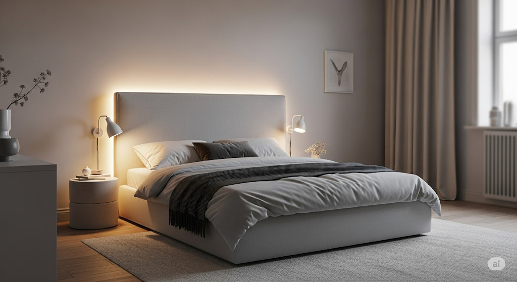 Sự tối giản cùng với ánh sáng dịu nhẹ tạo sự ấm áp cho phòng ngủ
